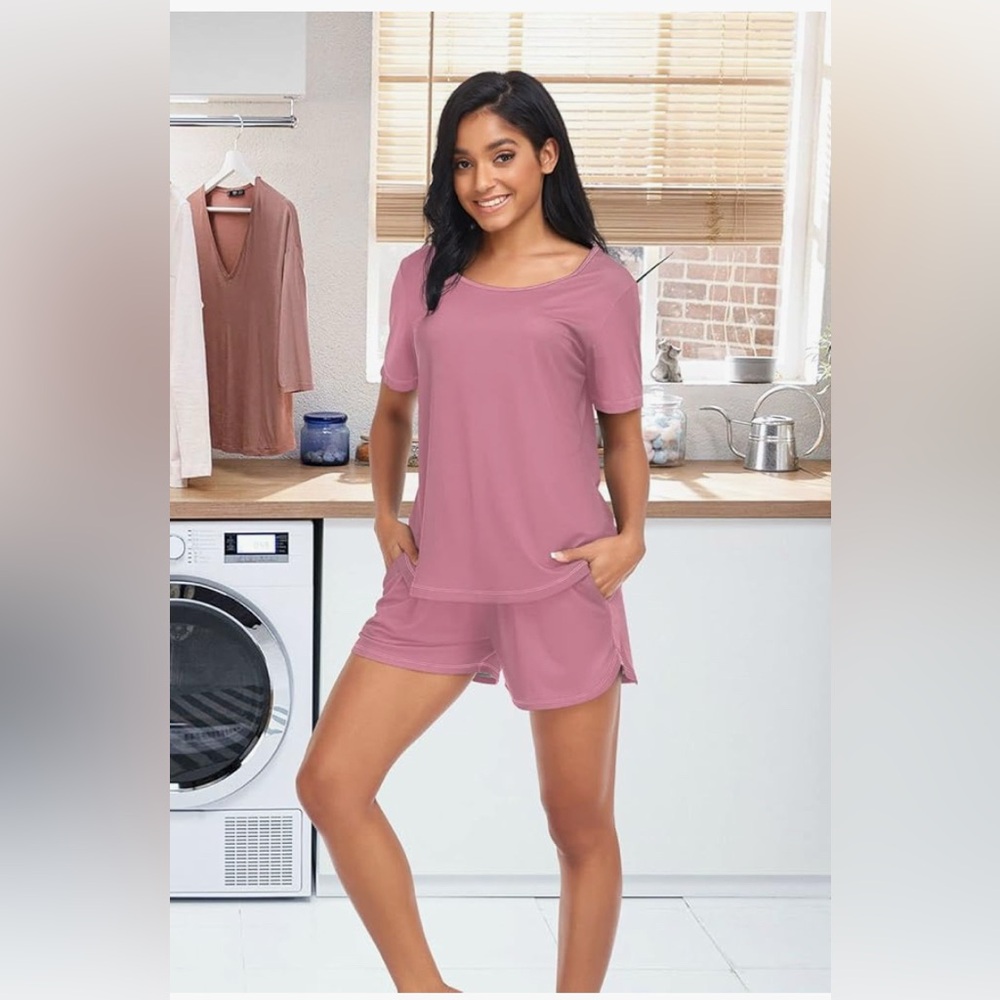 🌸. #1988-2H.  Pink Pajama Set with Short Sleeves and Elastic Waistband